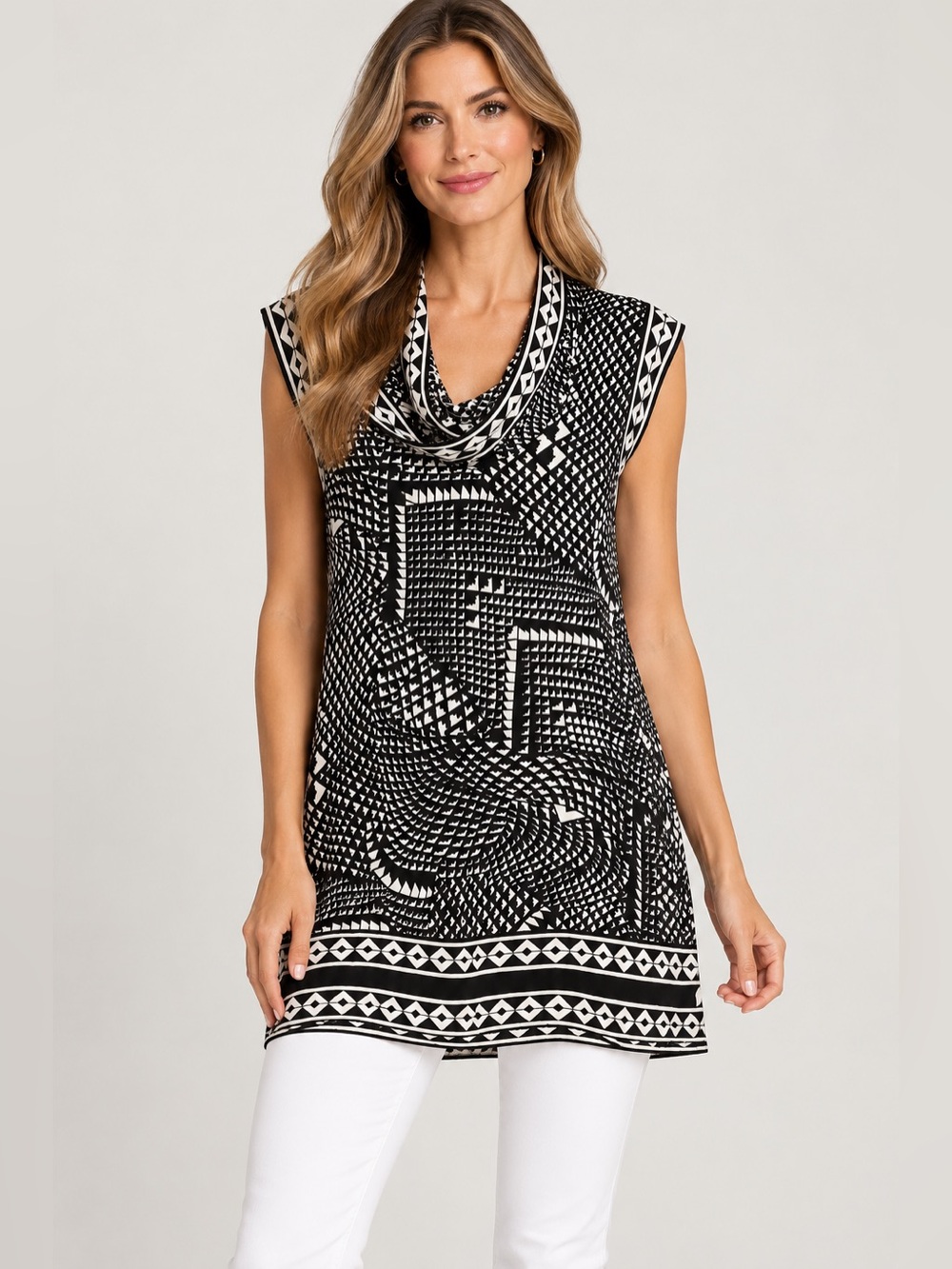 Karen Millen Black Patterned Draped Cap-Sleeve Tunic